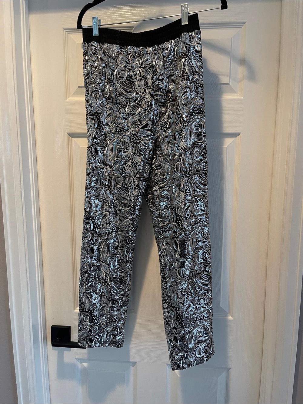 Black & Silver Sequin Paisley Stretch Ankle Pants